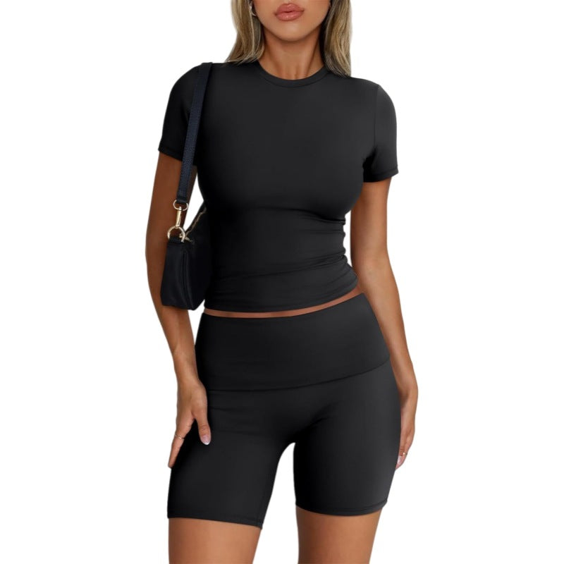 Womens Solid-Color Casual Crew-Neck Short-Sleeve Shorts Set