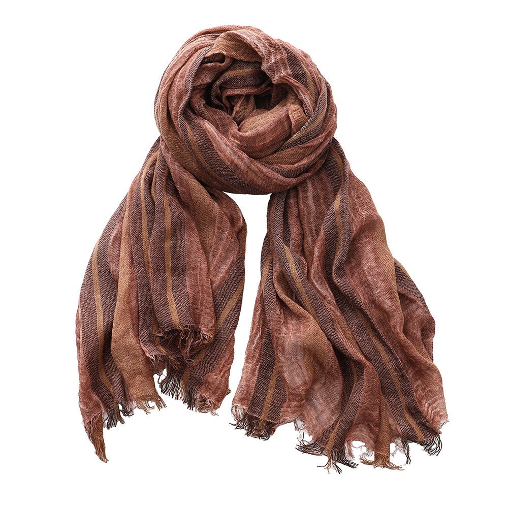 Retro Artistic Cotton And Linen Scarf Unisex Mixed Color Stripe Long