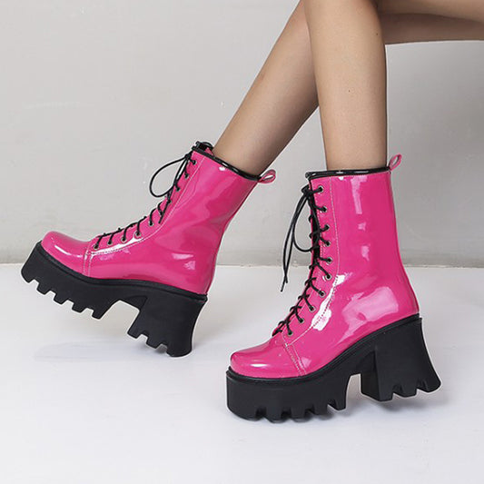 European And American Style Patent Leather Square Toe Lace-up Shoes