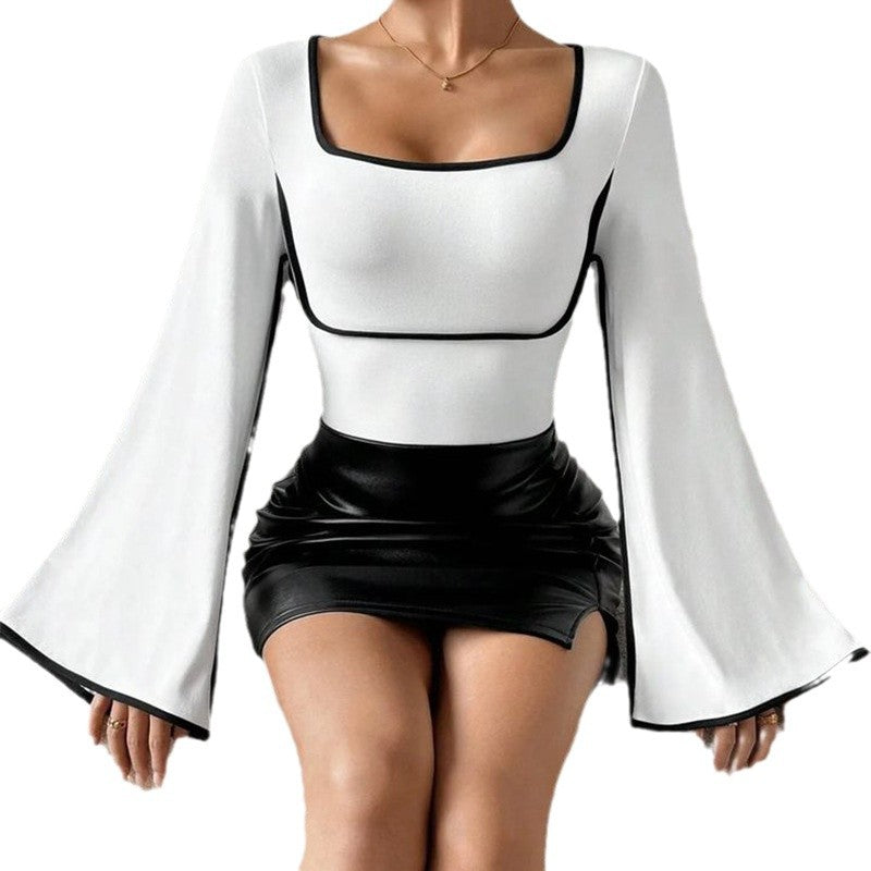 Women's Spliced Mandarin-collar Flared-sleeve T-shirt