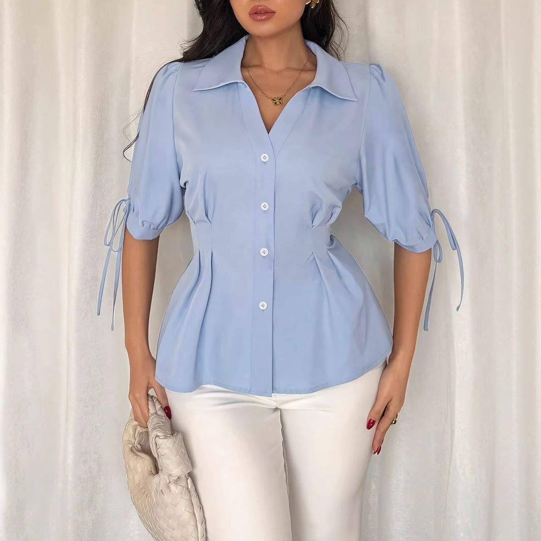 Polyester Women's Waist Tight Waist A Swing Short Sleeve Cuff Lace-up Shirt