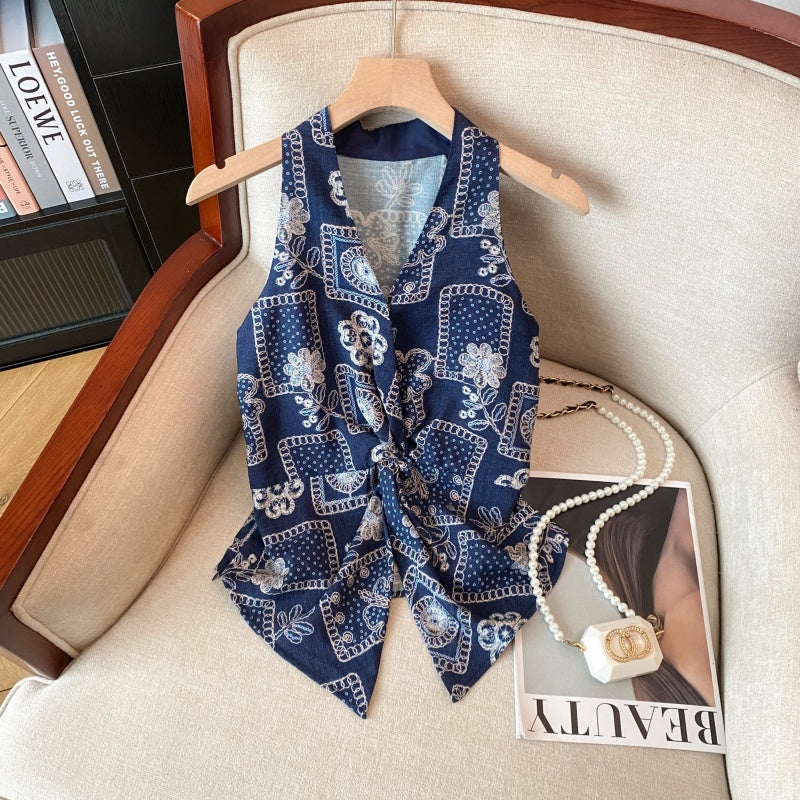 Red Sleeveless Floral Twist Sweet Spicy Waistcoat Top