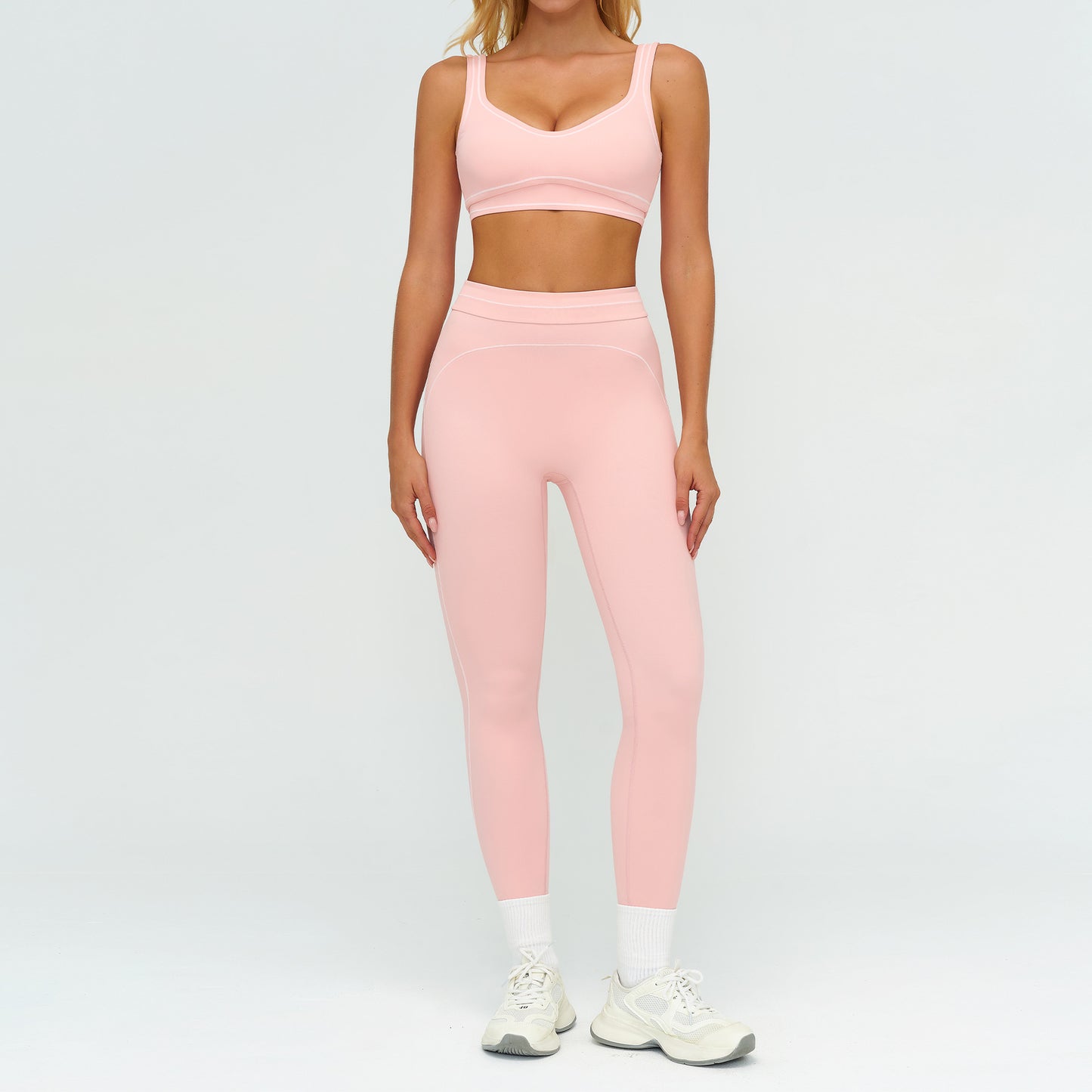 Contrast-color Brushed Yoga Set With Dual Shoulder Straps