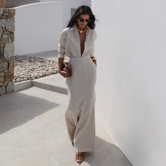 Elegant Crew-neck Long-sleeve Shirt And High-waisted Figure-flattering Skirt Two-piece Set