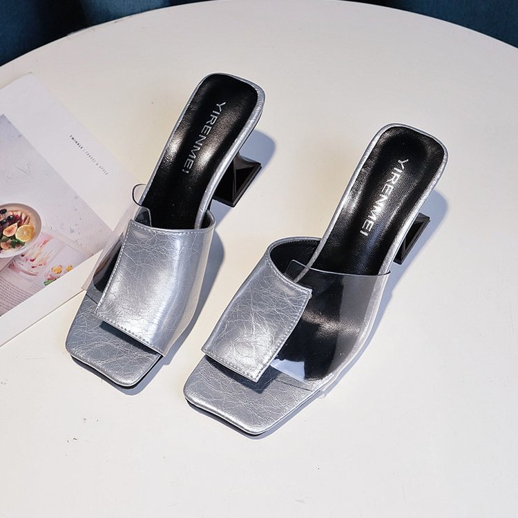 Women's Outdoor Slippers Fashionable All-matching Fairy Style Transparent Slippers Toe Chunky Heel High Heels