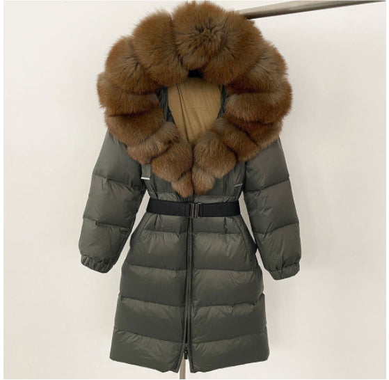 Women's Long Cinched Hoodie Real Fox Fur Collar Coat