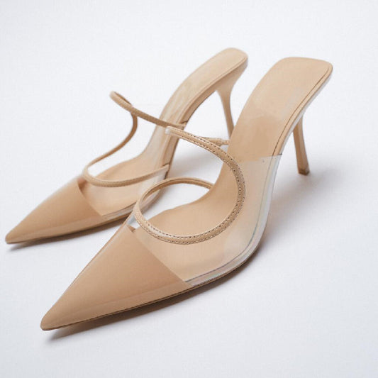 Beige Gennemsigtig Spids Temperament Højhælede Muller Sandaler All-match Mode Stiletter