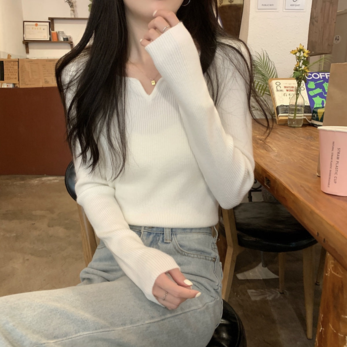 Slim Fit Square Collar Niche Female Knitting Sweater
