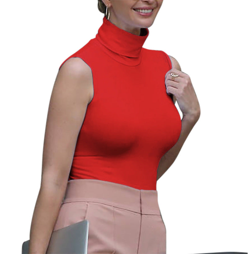 Women's Turtleneck Sleeveless Stretch Cotton T-shirt Vest