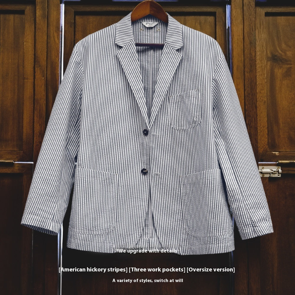 Seersucker Striped Blazer Flat Collar