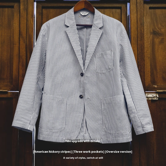 Seersucker Striped Blazer Flat Collar