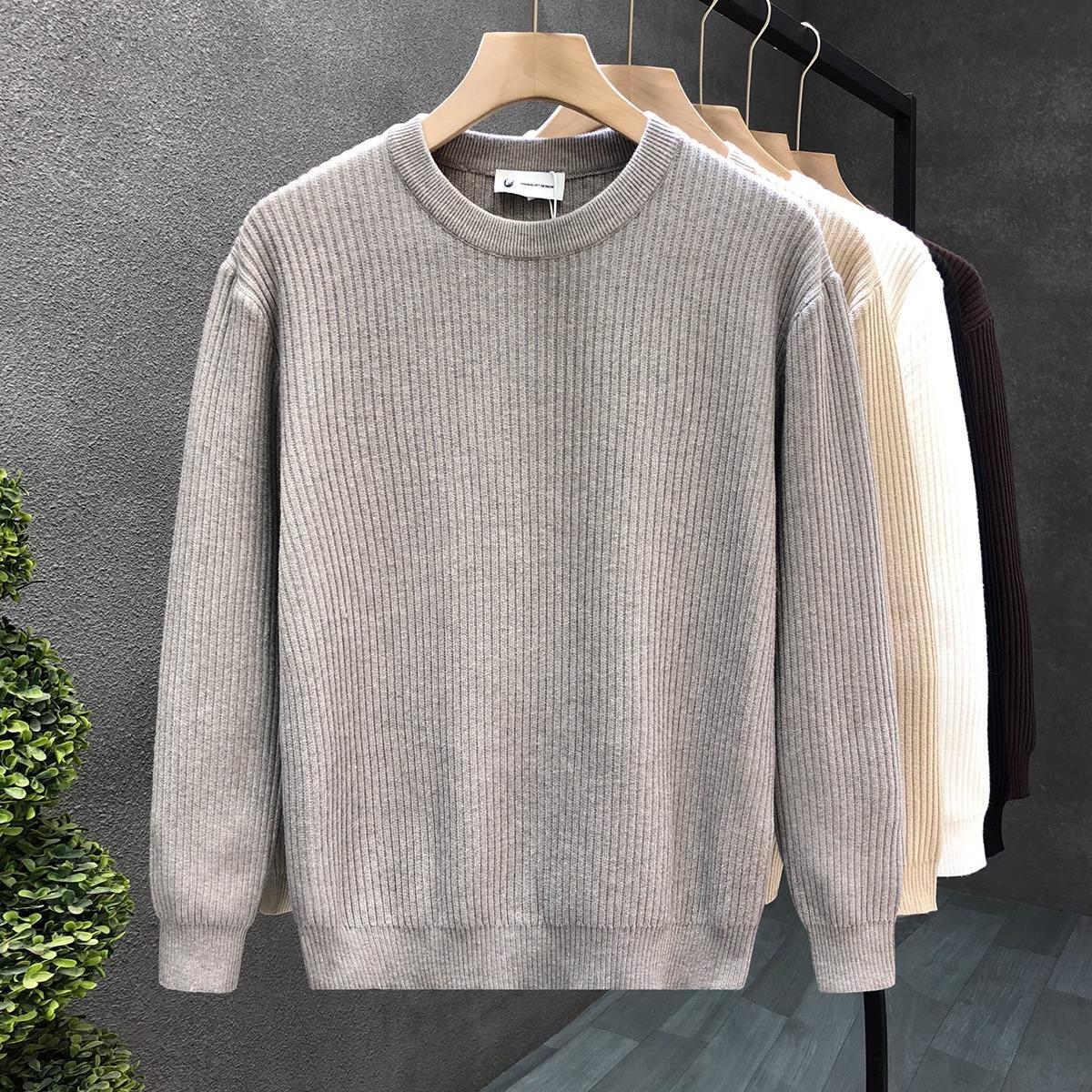 Mens Versatile Simple Solid-Color Apricot Knitted Sweater