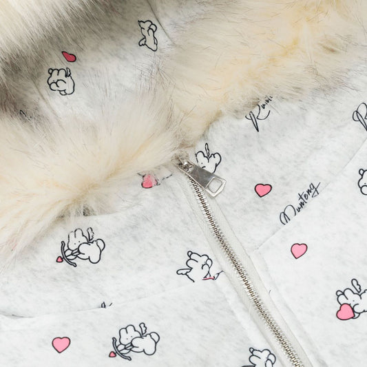 Winter New Cute Full Printed Fur Collar Hood Cotton Coat Jacket