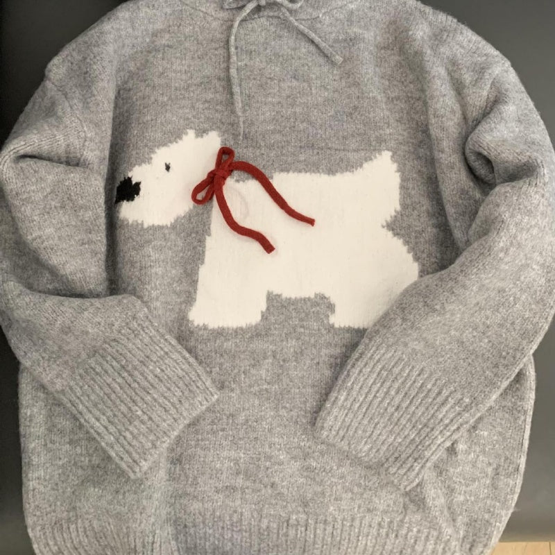 Gray Puppy Hooded Women's New Cute Sweater Autumn Winter