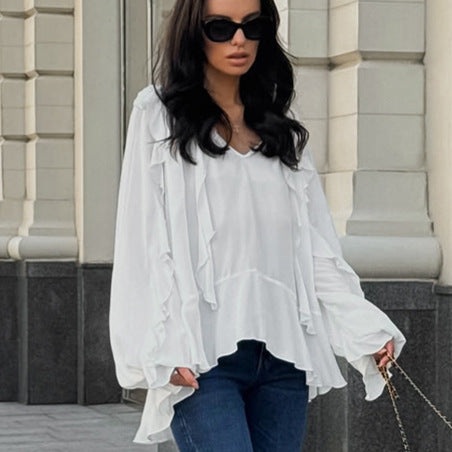 Women's Simple Layered Ruffled V-neck White Shirt