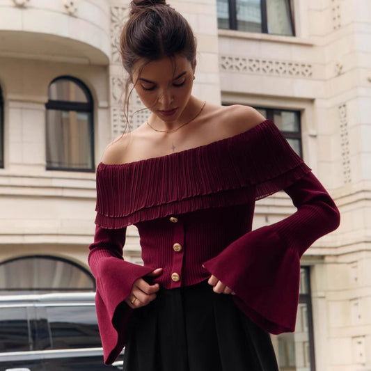 Off-shoulder Collar Long Sleeve Clinch Splicing Knitwear