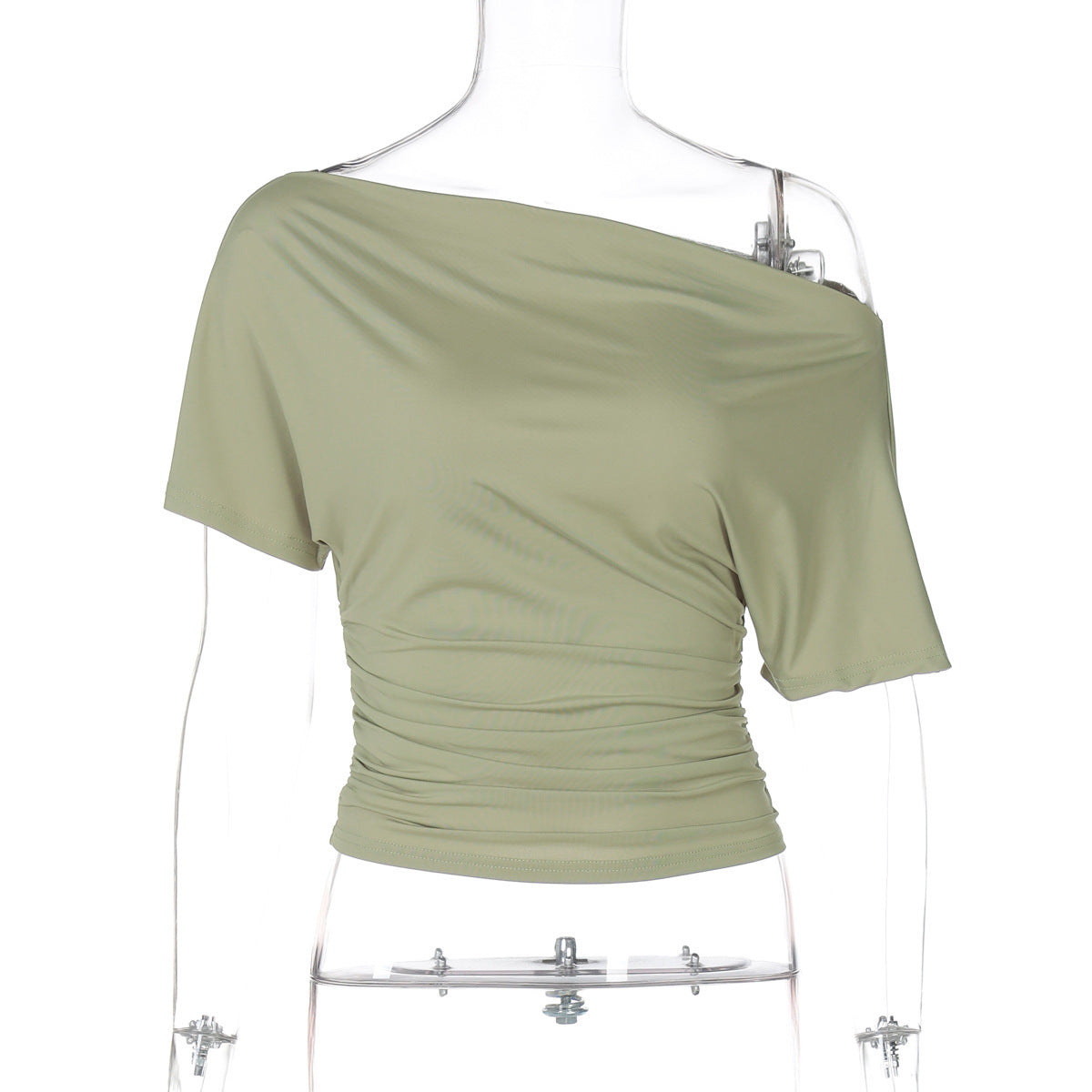 Dame sommer off-shoulder T-shirt med korte ærmer, plisseret talje og slankende effekt