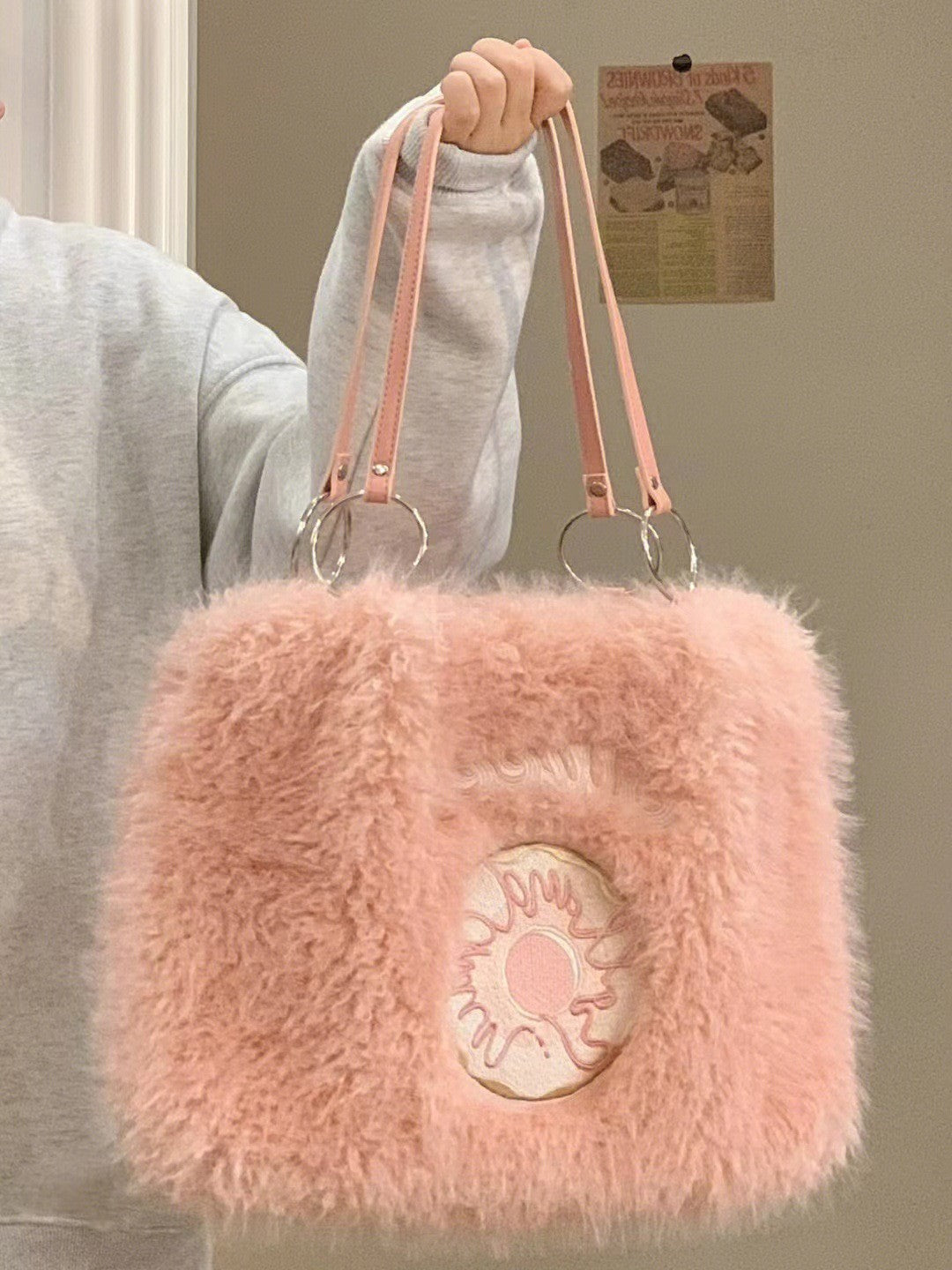 Donut Embroidery Plush Tote Bag