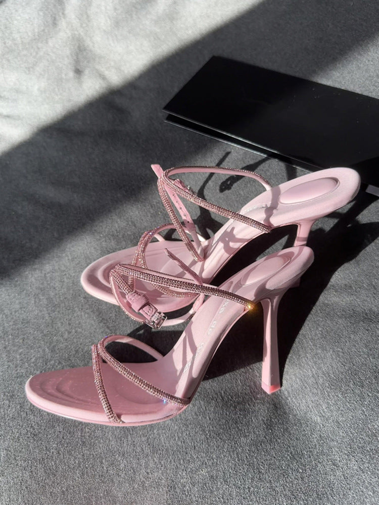 Spring And Summer Stiletto Sexy Open Toe Buckle Rhinestone Sandals