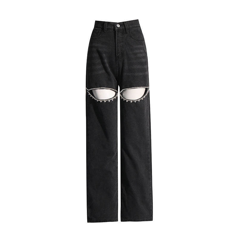 Lange Lige Jeans med Diamantperler og Høj Talje med Huller