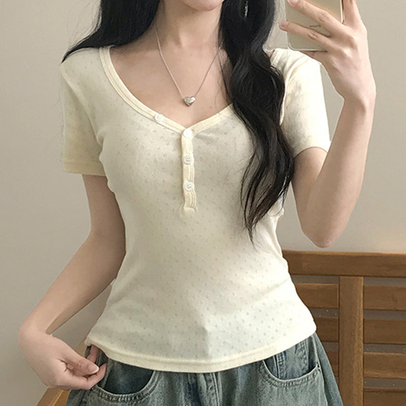 Texture Sense V-neck Double-breasted Short Sleeve Slim Fit Slimming T-shirt Women's Summer