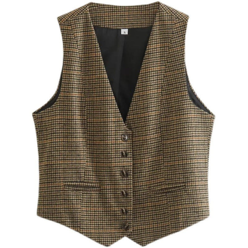 Single-breasted Short Contrast Color Houndstooth Vest Jacket