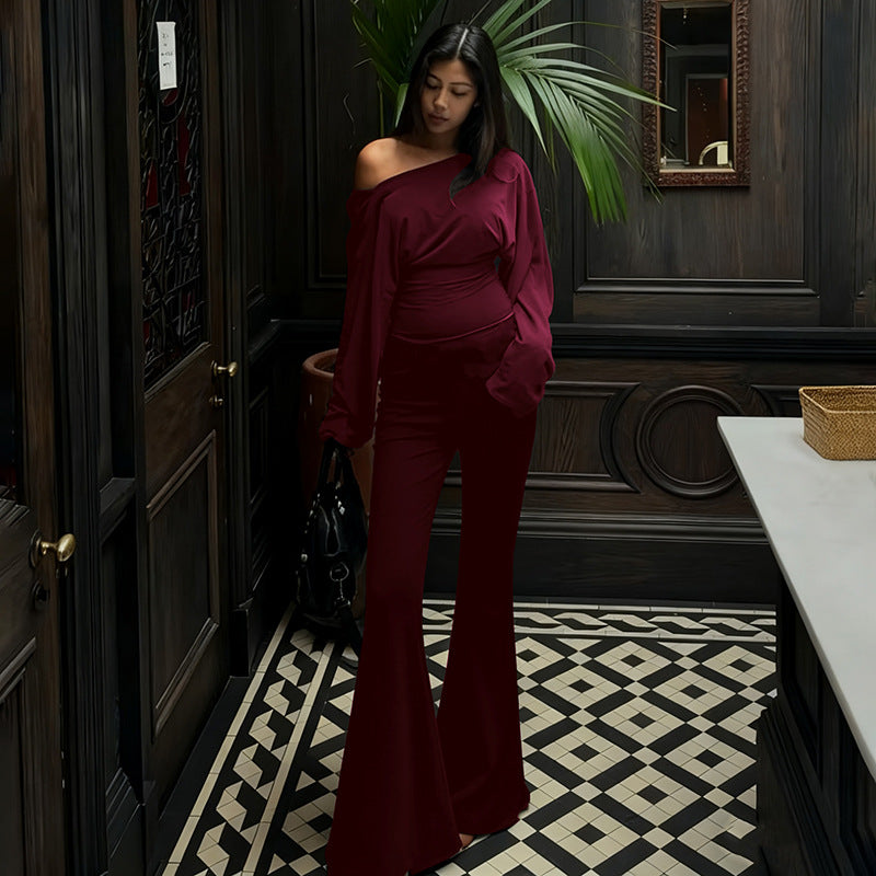 Solid-color Casual Set With Long-sleeve Flared Pants
