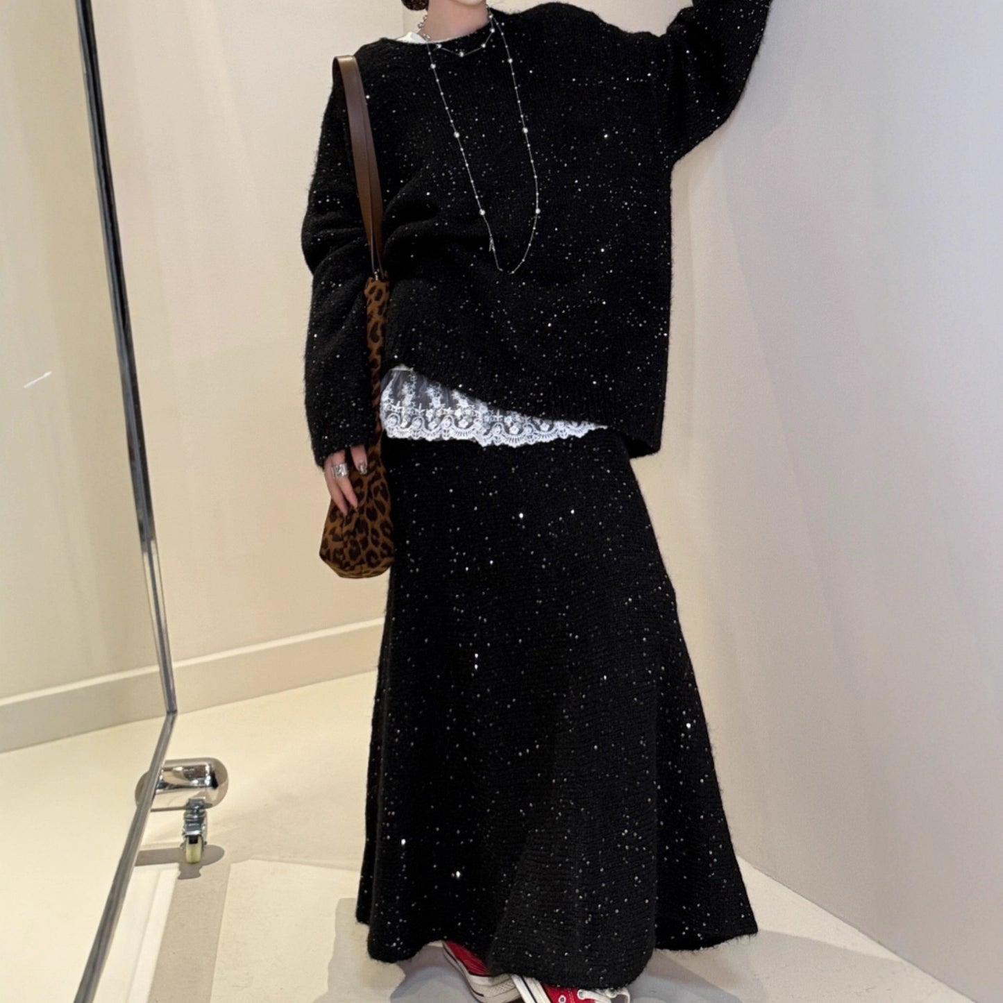 Loose Sequin Sweater Women Elastic Waist Fishtail Skirt Set