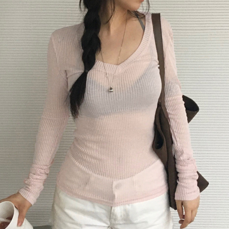 American V-neck Top Long Sleeve Shoulder T-shirt