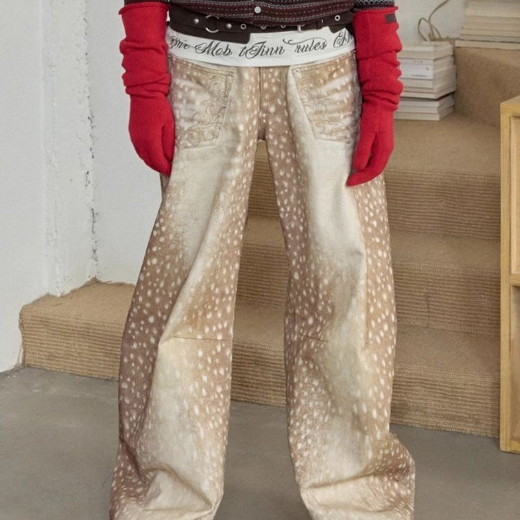 Retro Plus-size Jeans i Denim med Patineret Hjorteprint