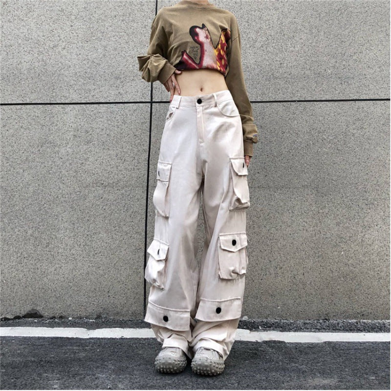 American Retro High Street Straight Tube Multi Pocket Overalls