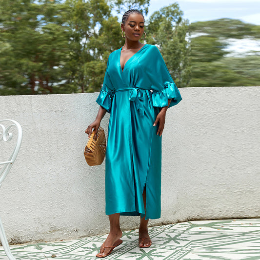 Women's Fashion Plus-Size Satin Long-Sleeve Dress