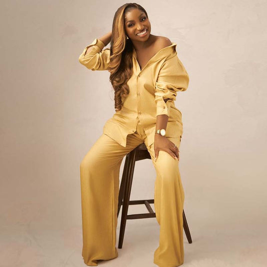 Womens Casual Plus-Size Loose Long-Sleeve Top And Pants Two-Piece Set