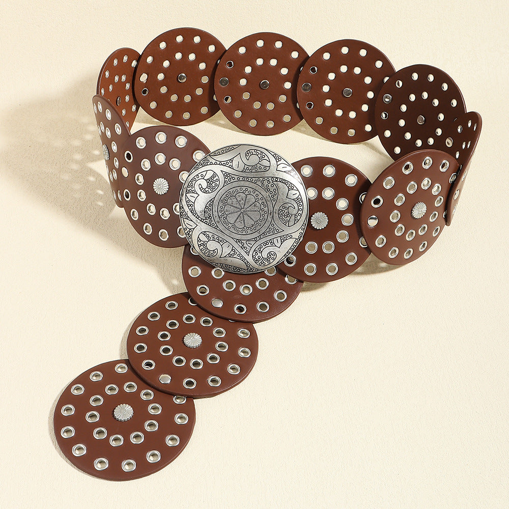 Retro Women's Round Hollow Metal Wide Belt