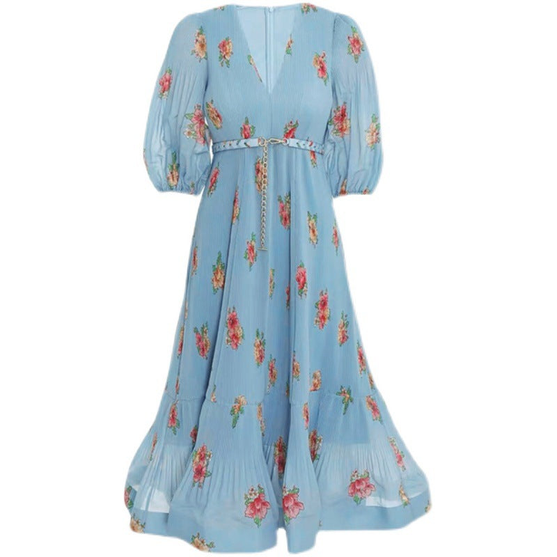 French V-neck Bubble Sleeve Holiday Dress