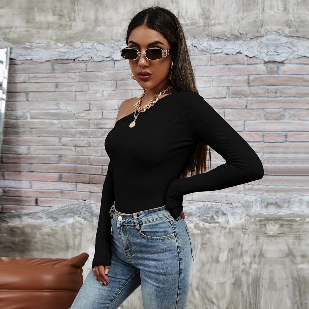 Slanted Shoulder Collar Temperament Slim Long-sleeved T-shirt Knitted Top
