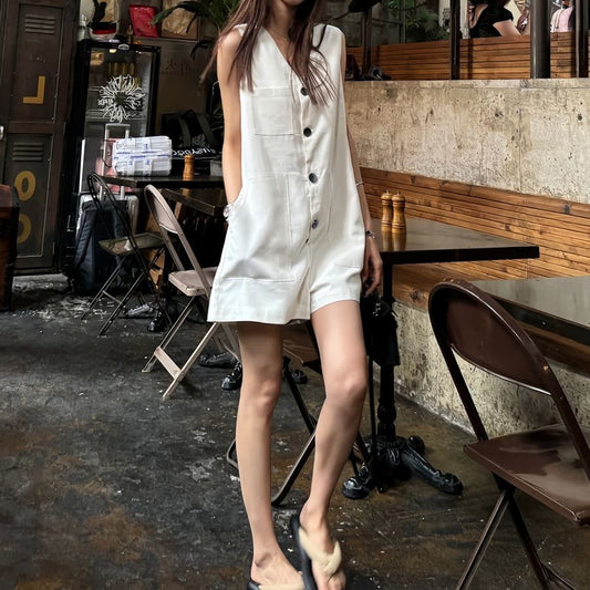 Womens Fashion Single-Breasted Sleeveless Jumpsuit Vest