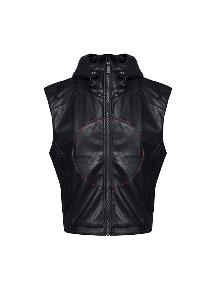 Short Hood Slim Fit Leather Waistcoat Coat Men's Summer Five-pointed Star PU Leather