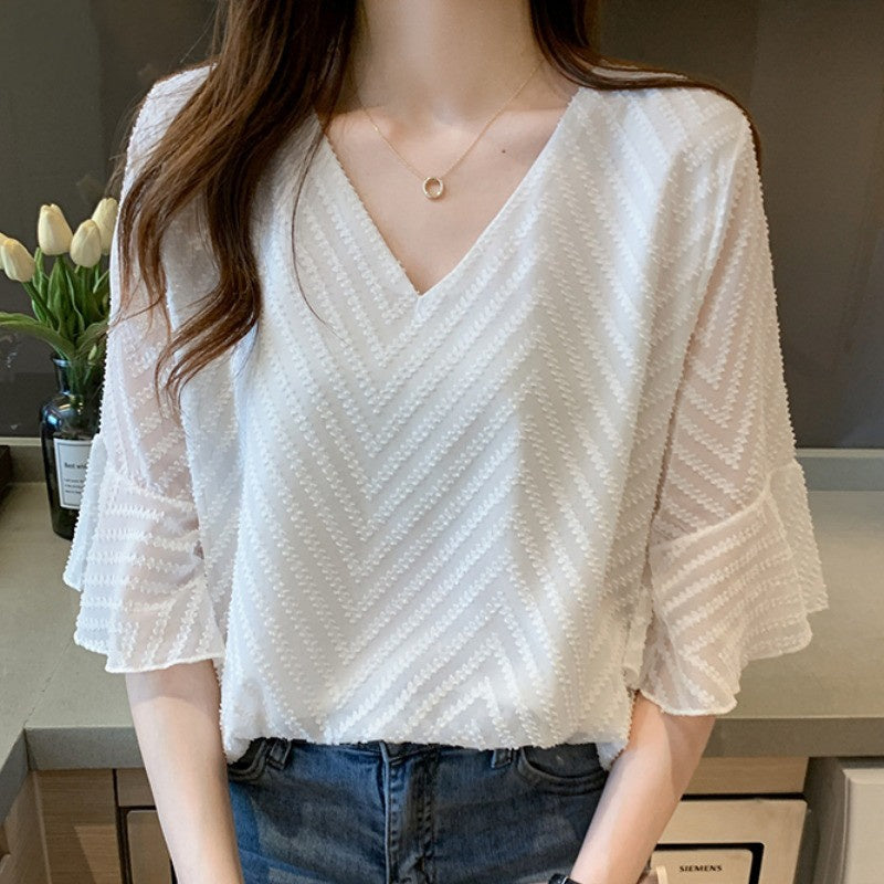 Women's Summer White Chiffon Short Sleeve Shirt