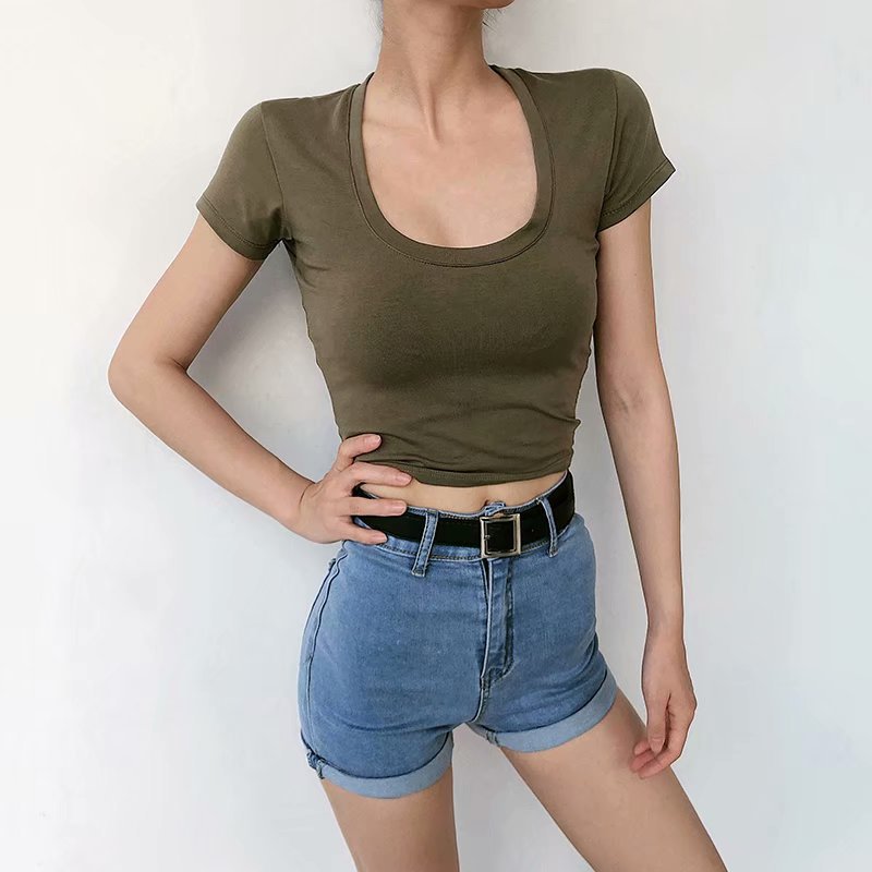 Women's Low-cut U-neck Slim Fit Short Sleeved T-shirt