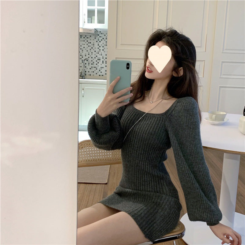 Womens Solid-Color Fashion Square-Neck Sweater Dress
