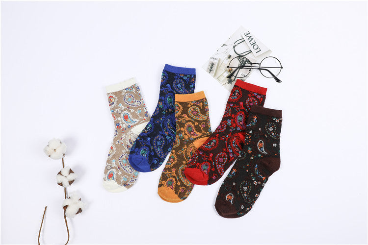 Ethnic French Romantic Vintage Flower Women's Medium Cotton Socks
