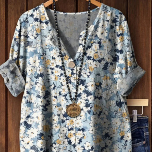 Women's Vintage Dense Floral Print Casual Cotton Linen Shirt