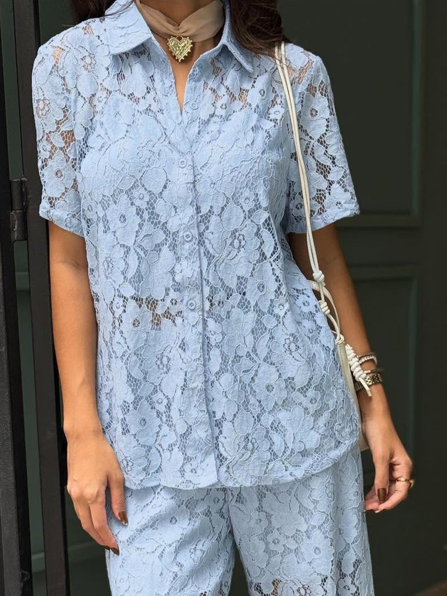 Lace Shirt Vest Long Pants Three Piece Set
