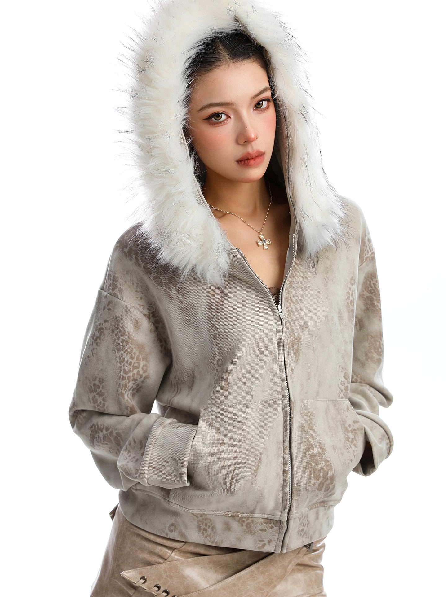 Detachable Fur Collar Leopard Print Hooded Sweater Women's Short Cardigan Jacket