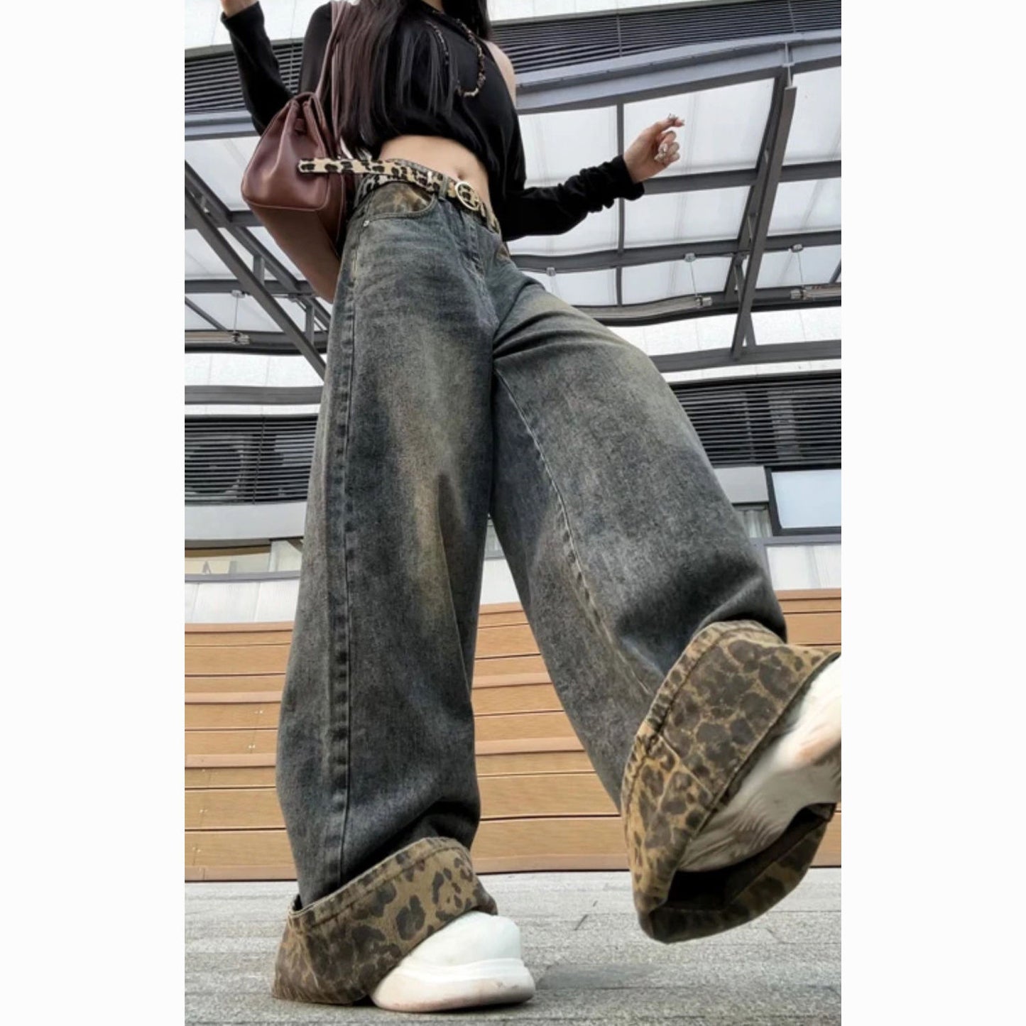 Women's Retro Patchwork Leopard-print Curling Jeans