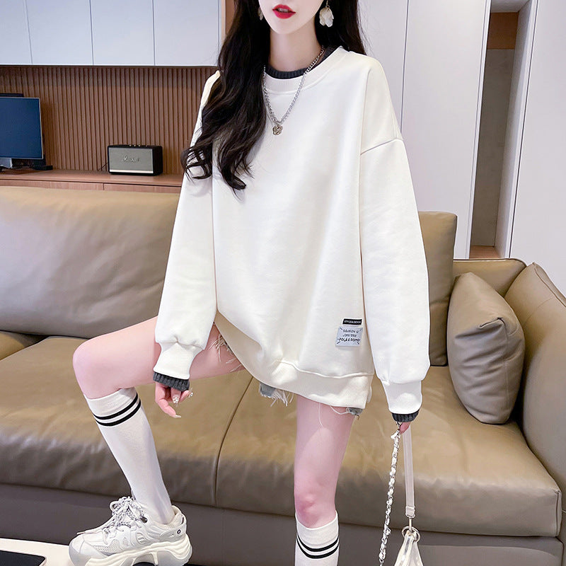 Round-neck With Fleece Lining Thick Fake Two Pieces Long Sleeve Loose Sweatshirt