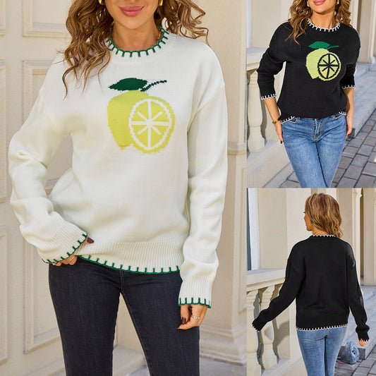 Lemon Jacquard All-match Crew Neck Pullover Sweater