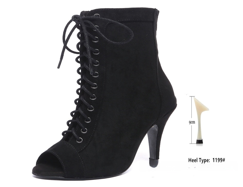 Women's Black Denim Gaobang Peep Toe High Heels