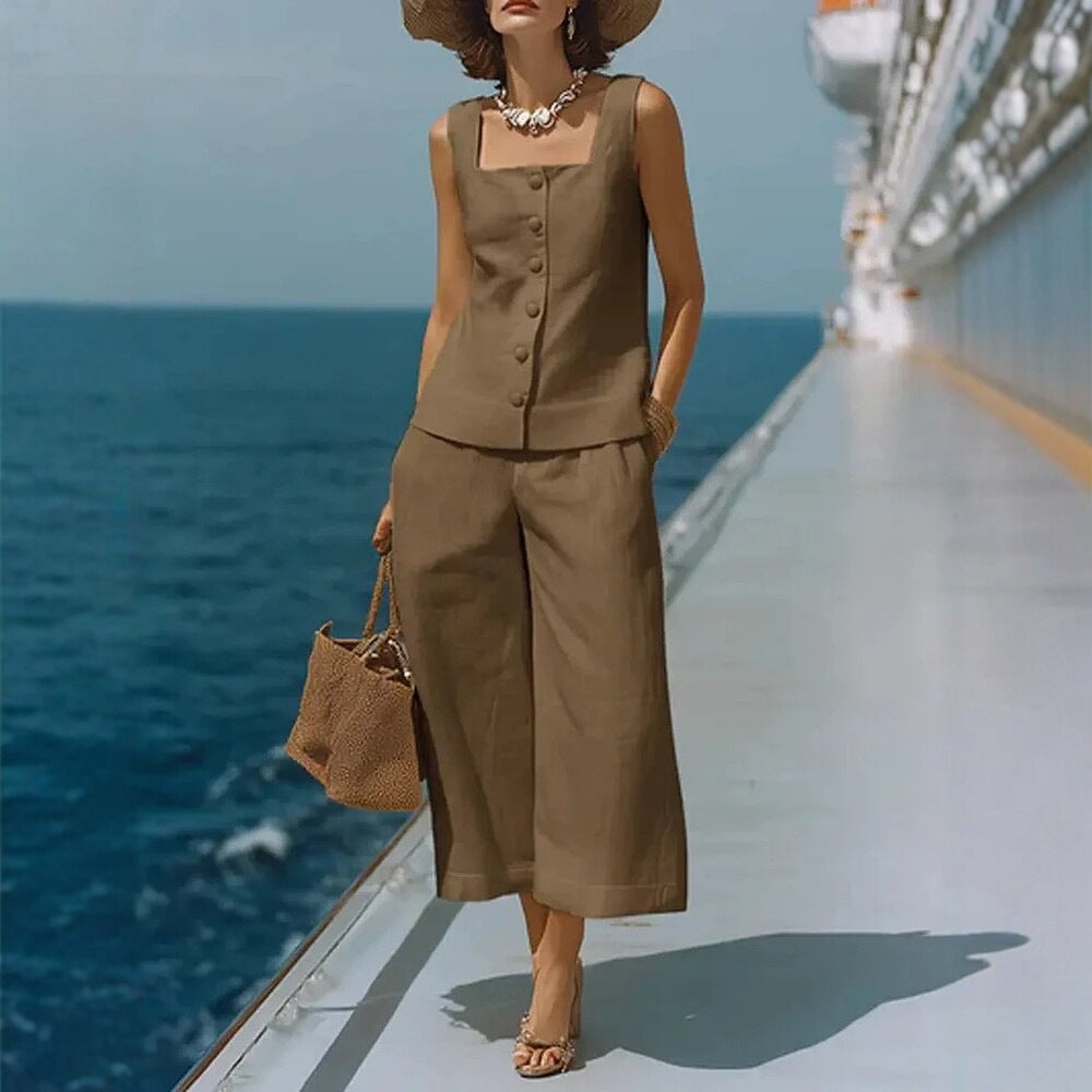 Classic Cotton-linen Square-neck Top And Capri Pants Set